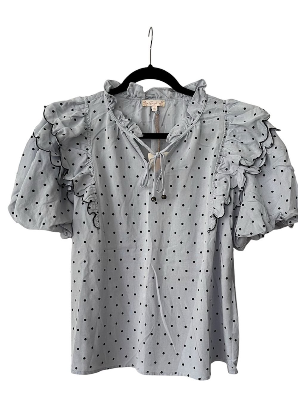 EASEL Women’s short puff Sleeve top with Ruffles /Blue Polka Dots /Size Med/NWT